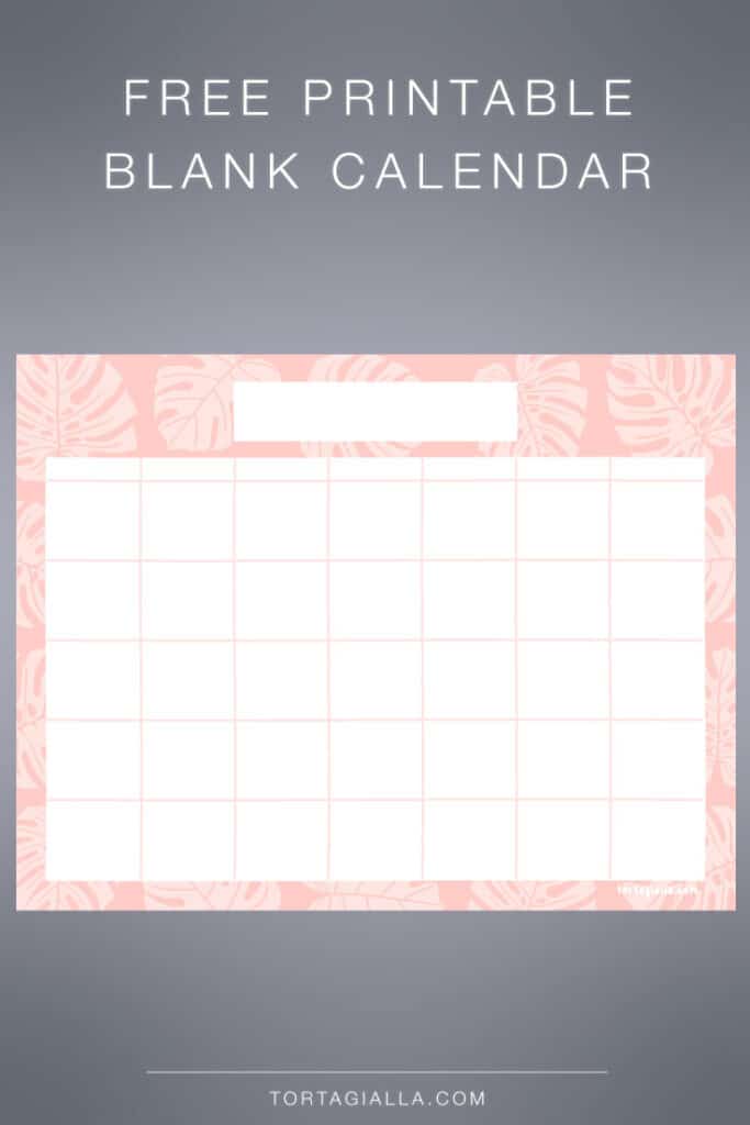 FREE printable blank calendar monthly - Pink with monstera leaves