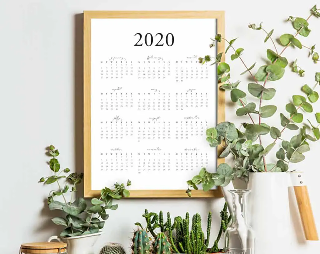 FREE printable 2020 yearly calendar PDF on tortagialla.com