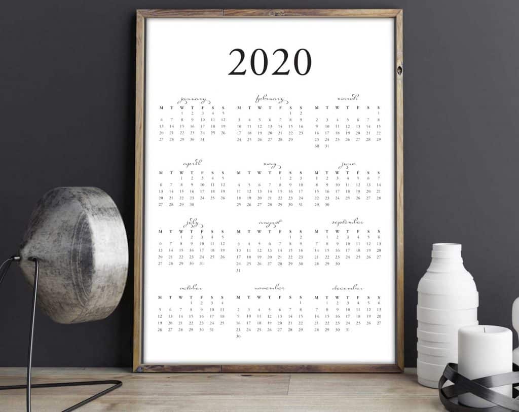 Get your FREE printable 2020 yearly calendar download on tortagialla.com