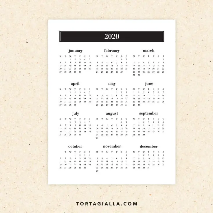 Preview of 2020 printable calendar - monday start black and white minimalist style