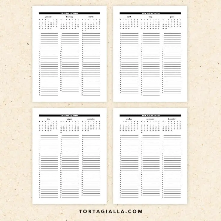 2020 quarterly calendar pages - free PDF download printable