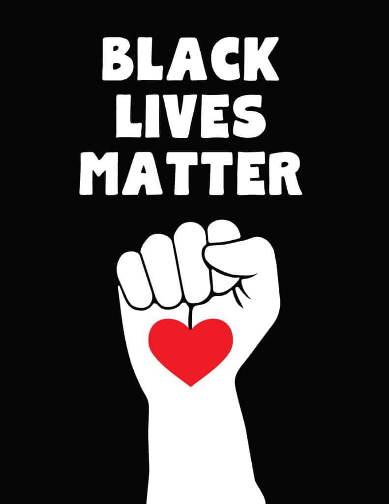 Black lives matter on black with fist heart design