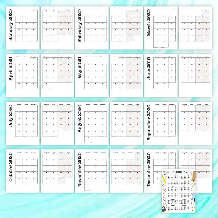2020 monthly calendar printables for kids