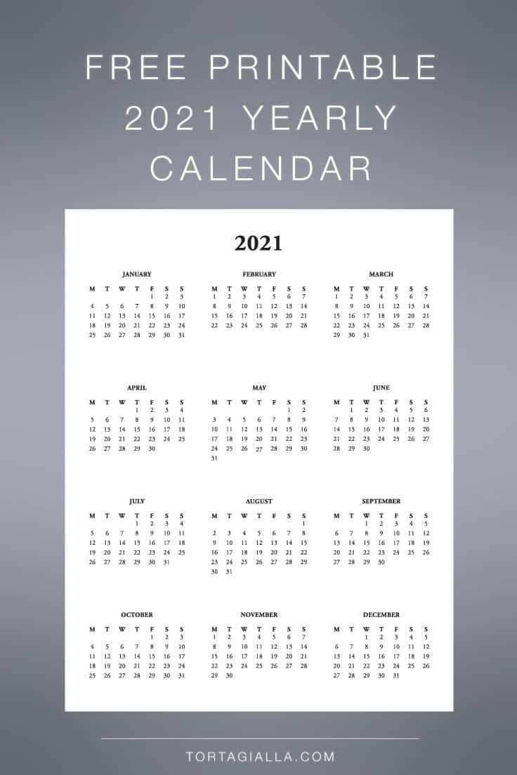 Download this free printable 2021 yearly calendar at-a-glance view.