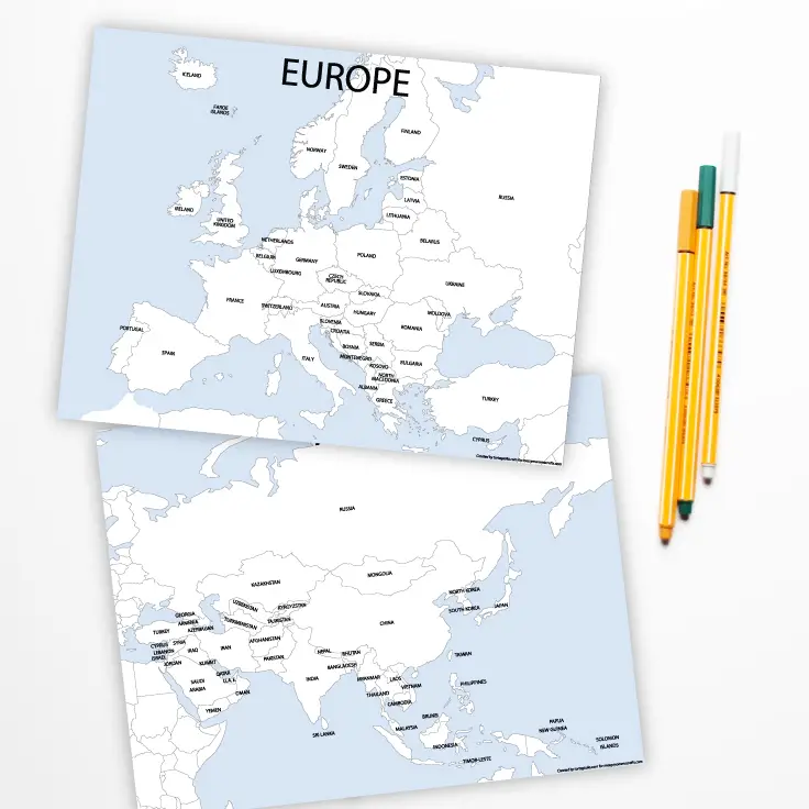 Map of Europe and Asia Free Printable on MessyMommyCrafts.com